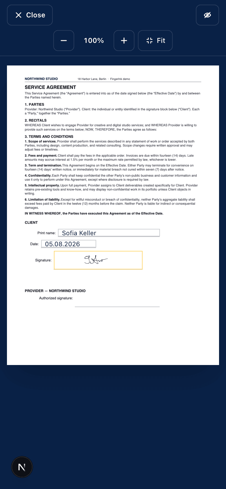 Signature applied to the document