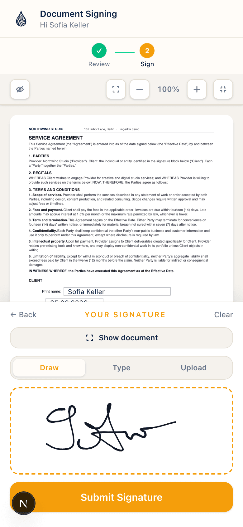 FingerInk signature pad on mobile
