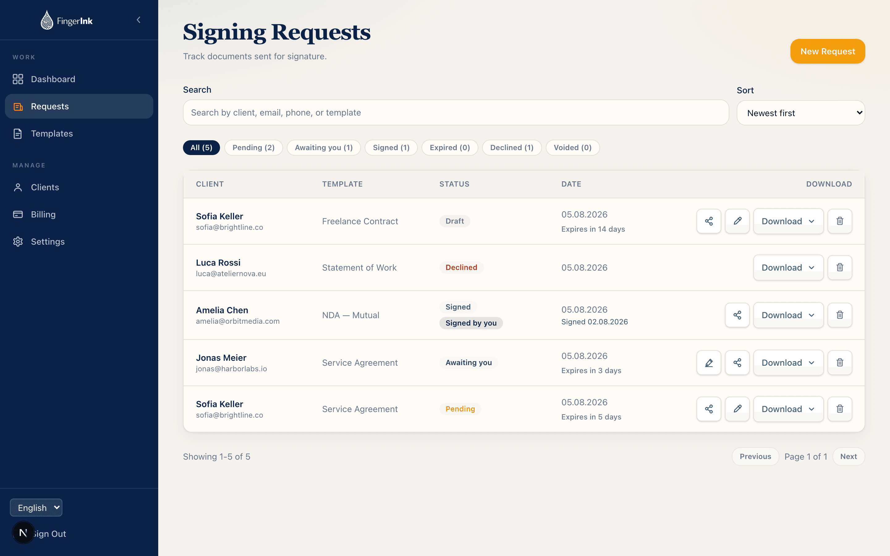 FingerInk signature requests list